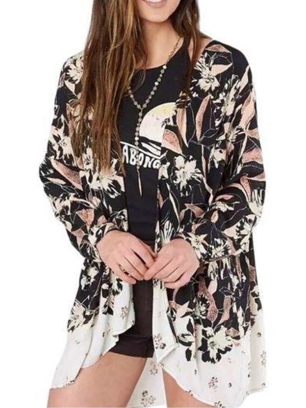 Billabong Black Floral Top with Cream Print kimono cardigan Women’s Sz S/M